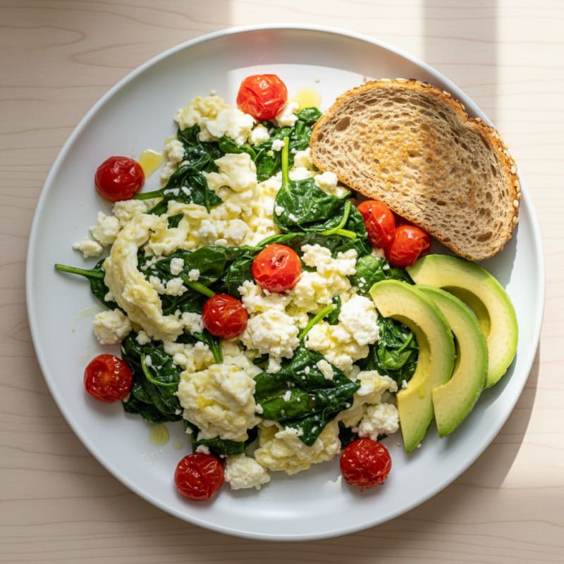 Egg White and Spinach Scramble with Cottage Cheese and Cherry Tomatoes