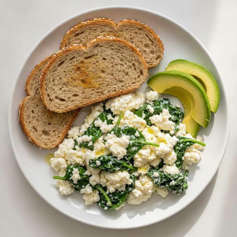 Cottage Cheese and Egg White Scramble with Sautéed Spinach