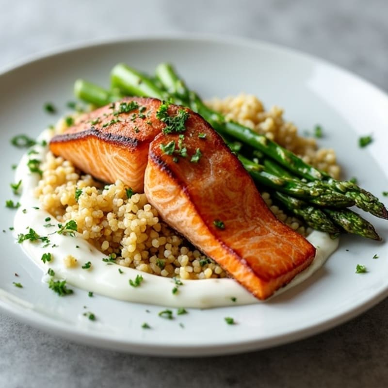Seared Salmon Fillet with Roasted Asparagus and Quinoa
