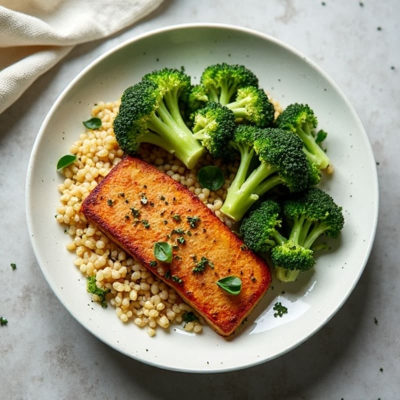 Herb-Seared Tempeh with Roasted Broccoli, Quinoa & Pea Protein Marinade