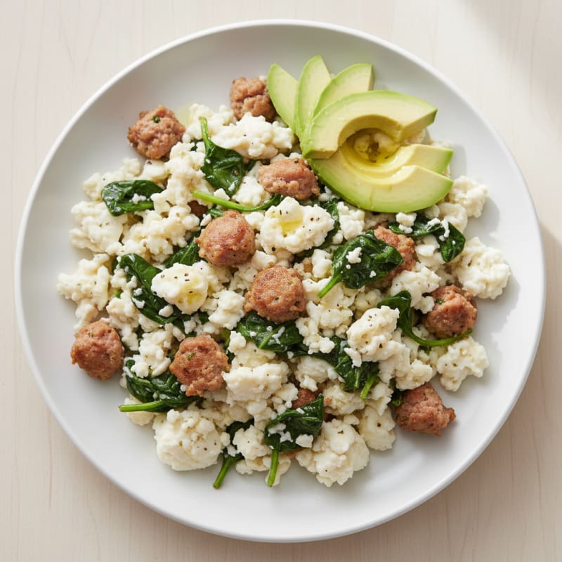 Egg White Scramble with Turkey Sausage and Sautéed Spinach