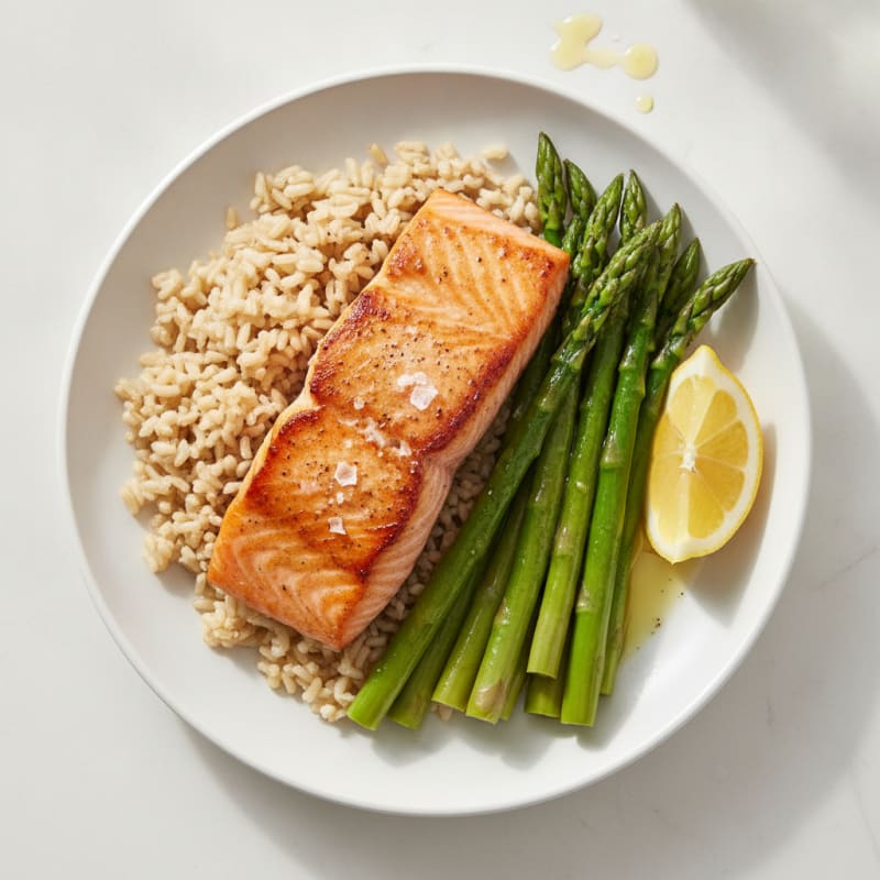 Seared Salmon with Steamed Asparagus and Brown Rice
