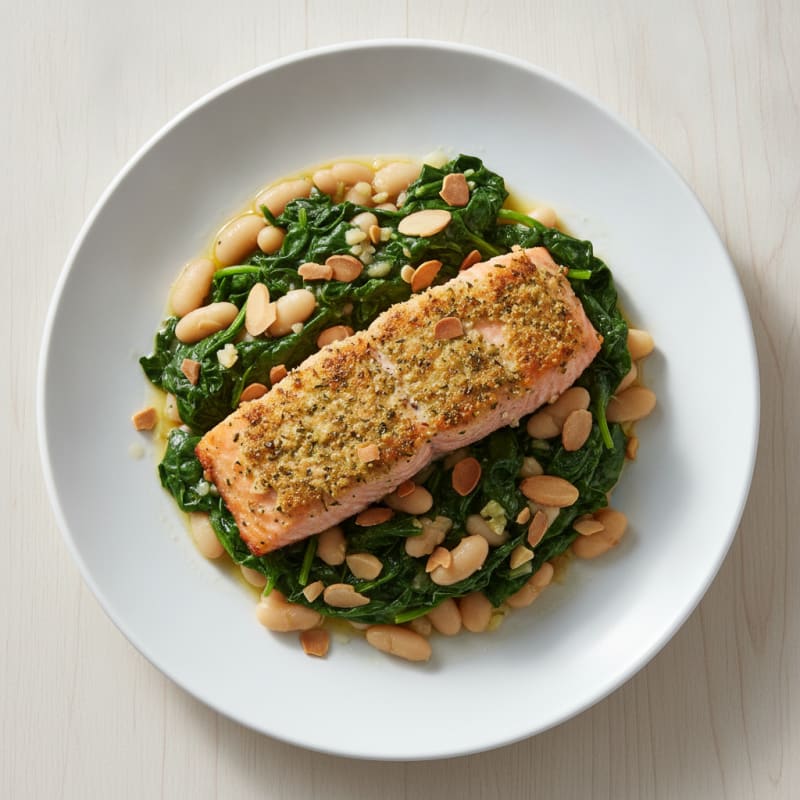 Herb-Seared Salmon with White Bean and Spinach Sauté