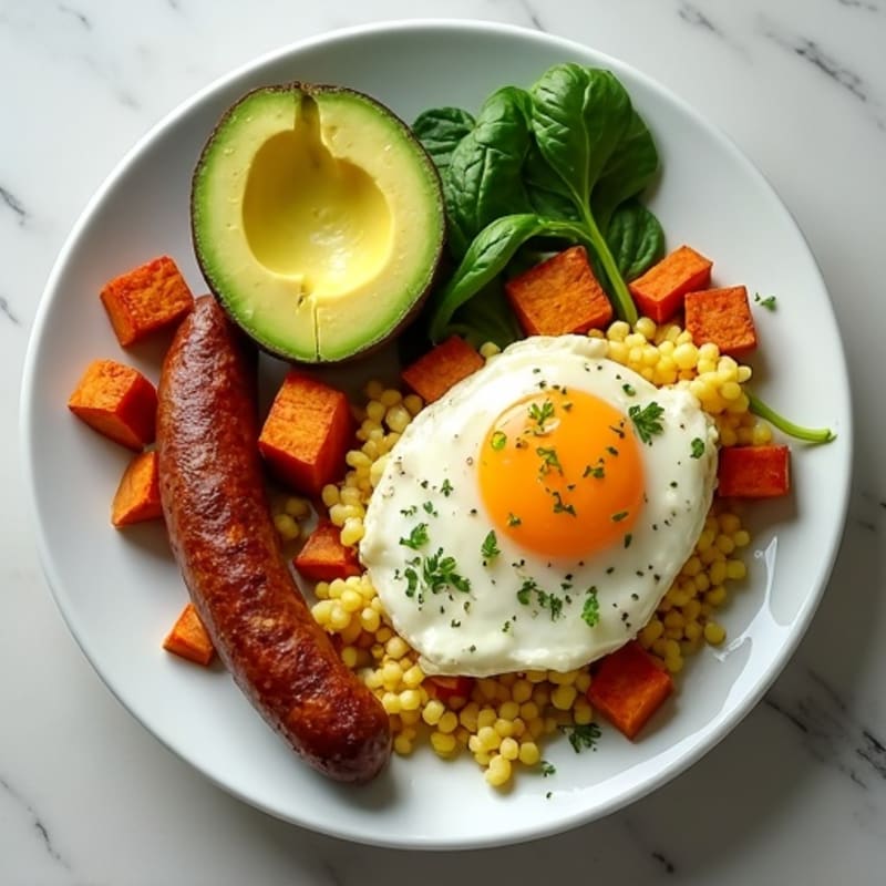 Egg White Scramble with Turkey Sausage and Roasted Sweet Potatoes