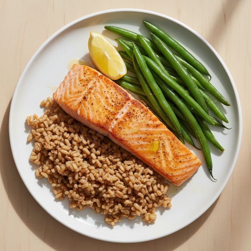 Seared Salmon with Steamed Green Beans and Brown Rice