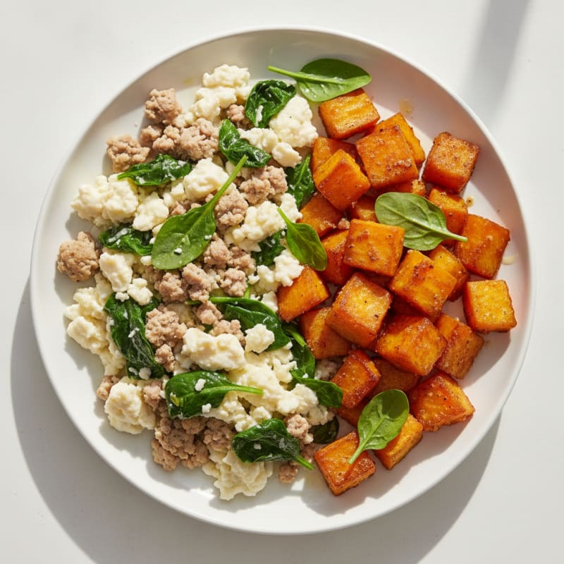 Egg White and Turkey Spinach Scramble with Roasted Sweet Potato