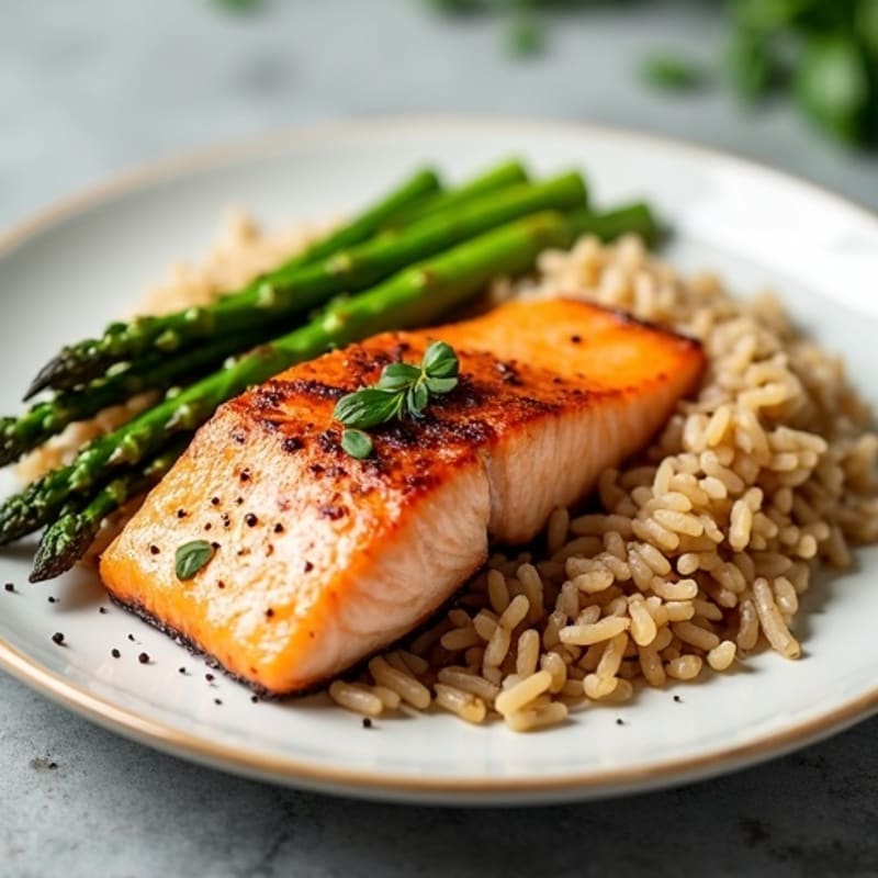 Seared Salmon with Steamed Asparagus and Brown Rice