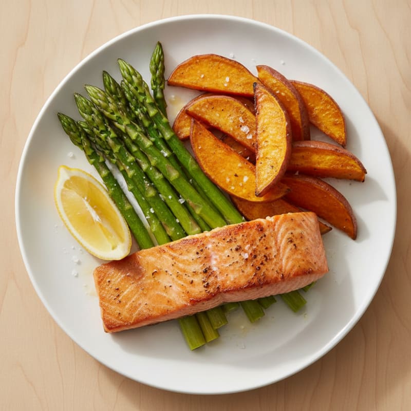 Seared Salmon with Roasted Sweet Potato and Asparagus
