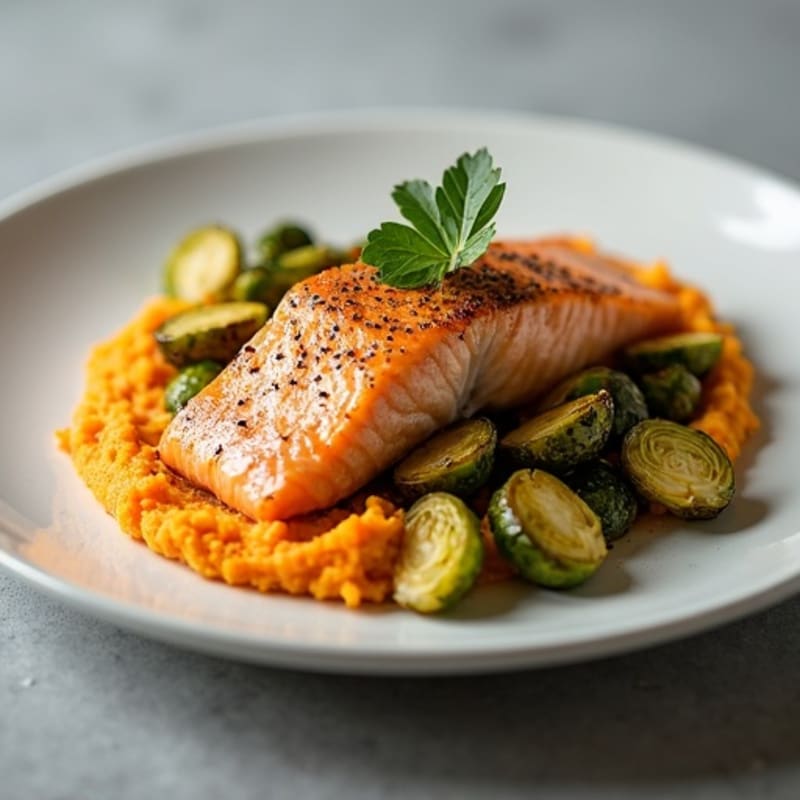 Seared Salmon with Roasted Brussels Sprouts and Sweet Potato Mash