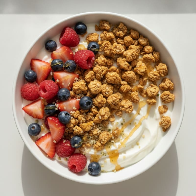 Silky Greek Yogurt Bowl with Protein Granola and Mixed Berries