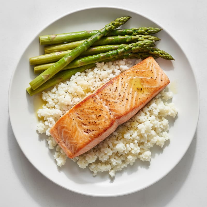 Seared Salmon Fillet with Steamed Asparagus and Cauliflower Rice