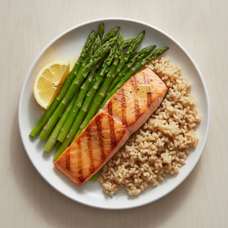 Seared Salmon with Steamed Asparagus and Brown Rice