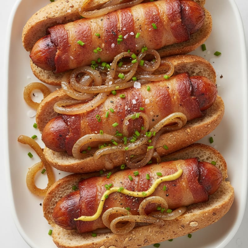 Bacon-Wrapped Hot Dogs with Caramelized Onions