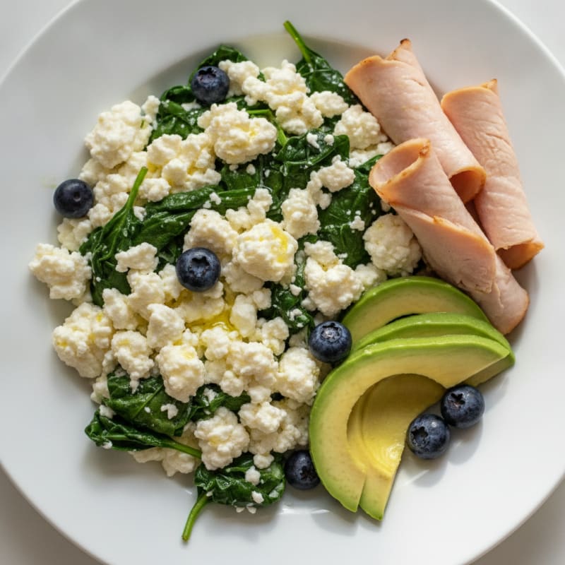 Egg White Spinach Scramble with Cottage Cheese and Sliced Turkey