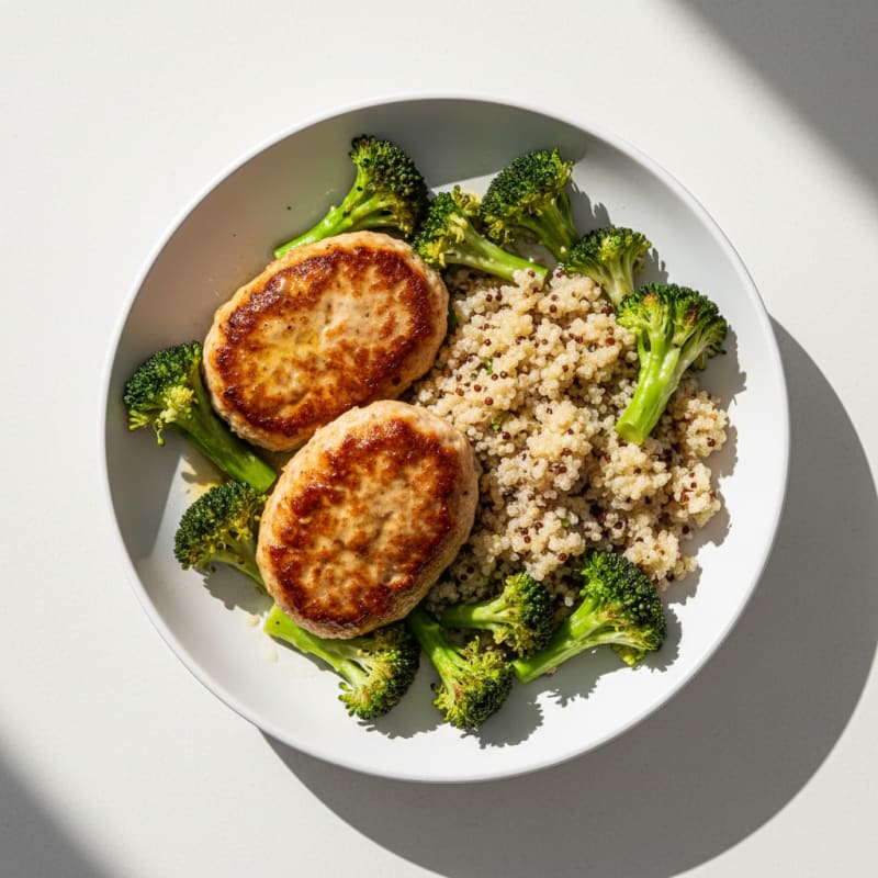 Seared Turkey Patties with Steamed Broccoli and Quinoa