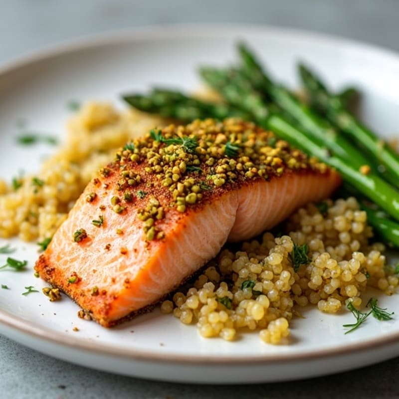 Pistachio Crusted Salmon with Roasted Asparagus and Lemon Dill Quinoa