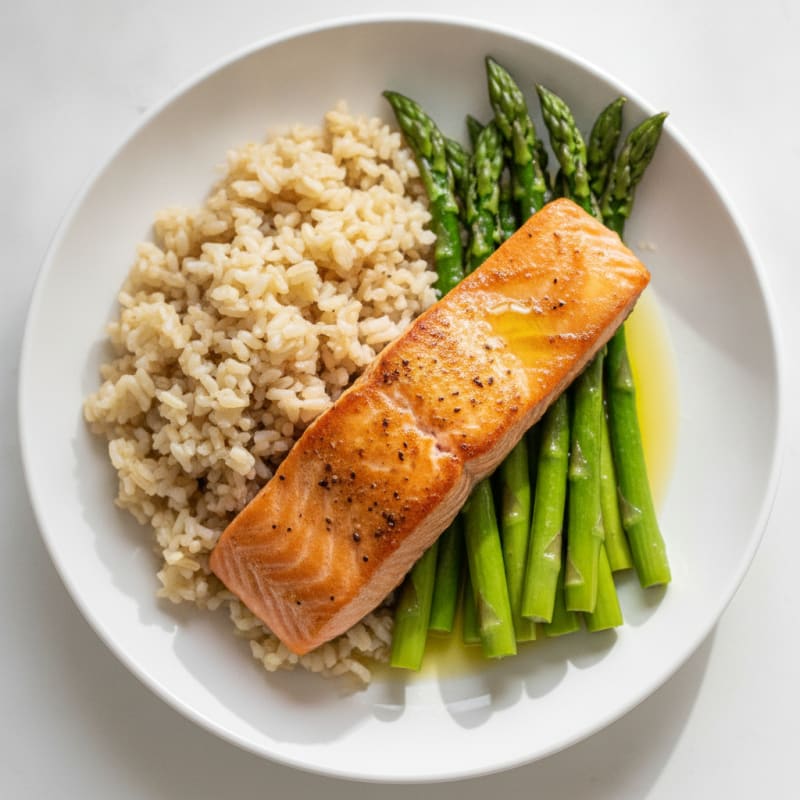 Seared Salmon with Steamed Asparagus and Brown Rice