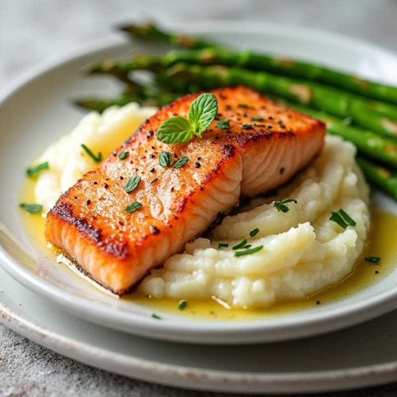Seared Salmon Fillet with Steamed Asparagus and Garlic Mashed Potatoes