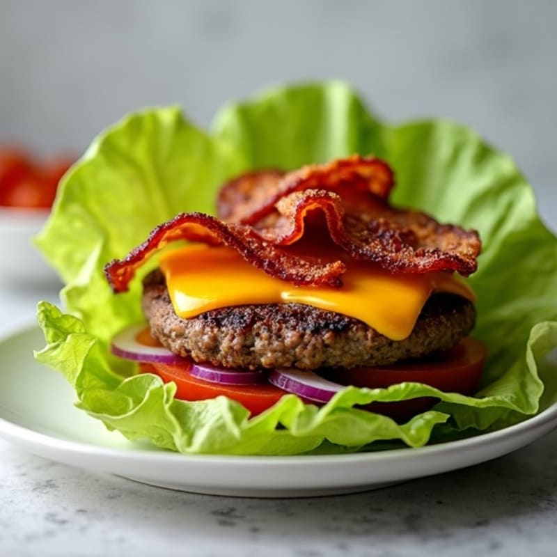 Lettuce Wrap Lean Beef Burger with Crispy Bacon and Melted Cheddar