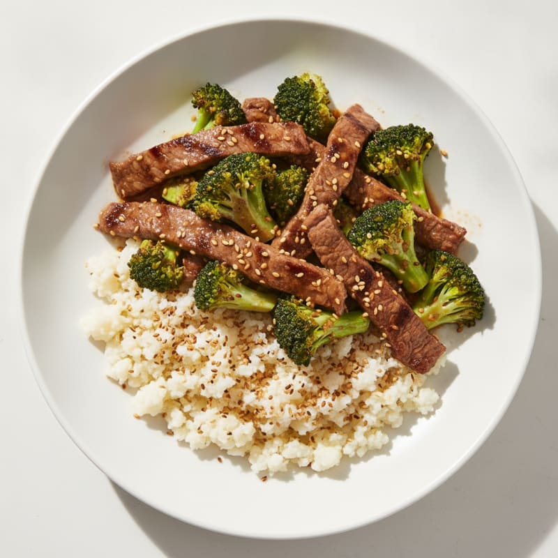 Lean Beef Stir Fry with Cauliflower Rice and Steamed Broccoli