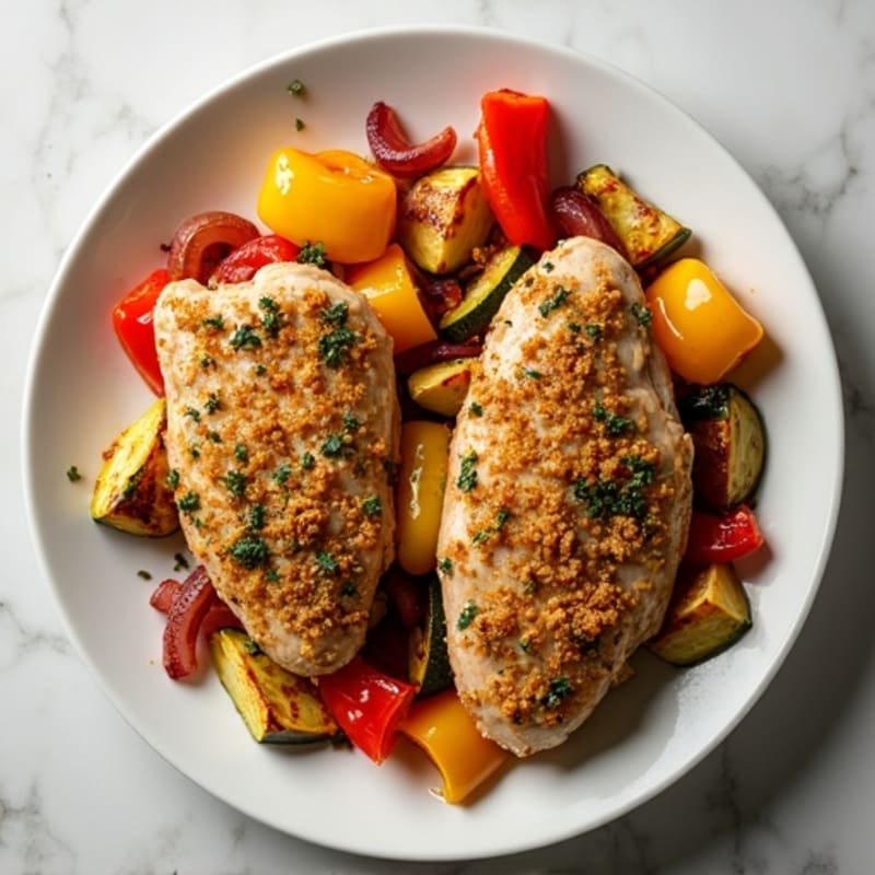Herb-Crusted Sheet Pan Chicken with Roasted Rainbow Vegetables