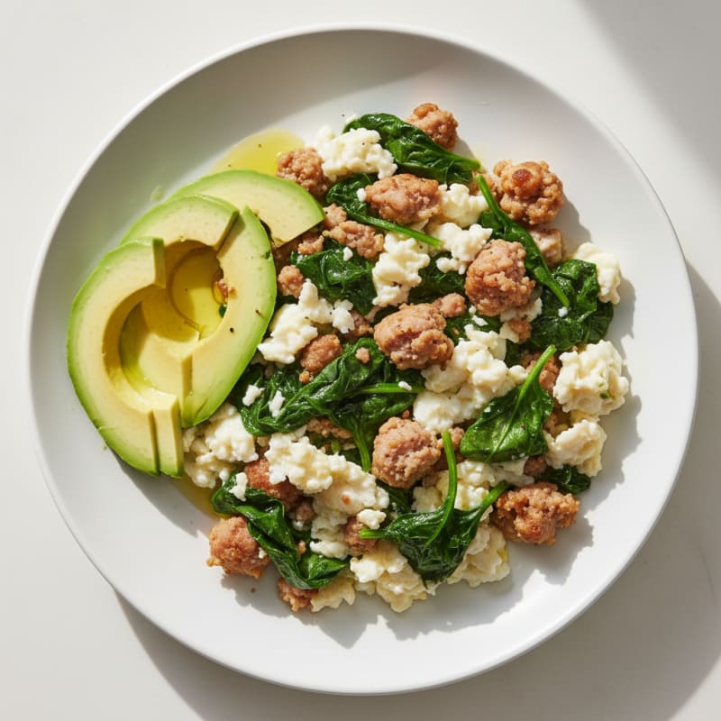 Scrambled Egg Whites with Turkey Sausage and Sautéed Spinach