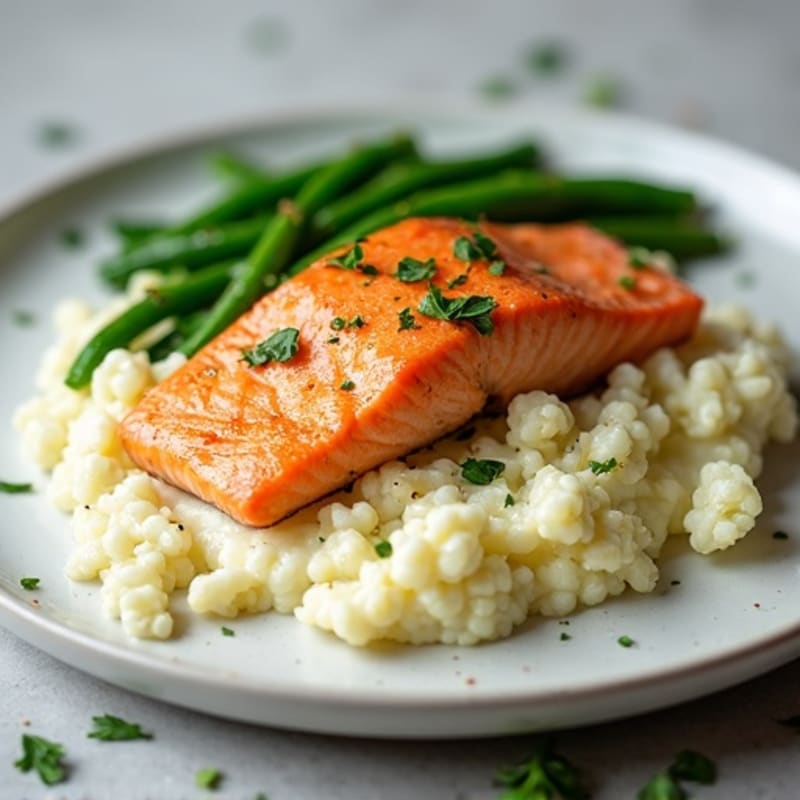 Baked Salmon with Garlic Green Beans and Cauliflower Mash