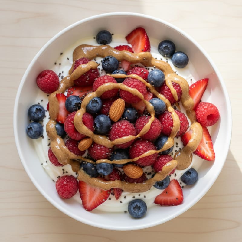 Greek Yogurt Protein Parfait with Mixed Berries and Almond Butter