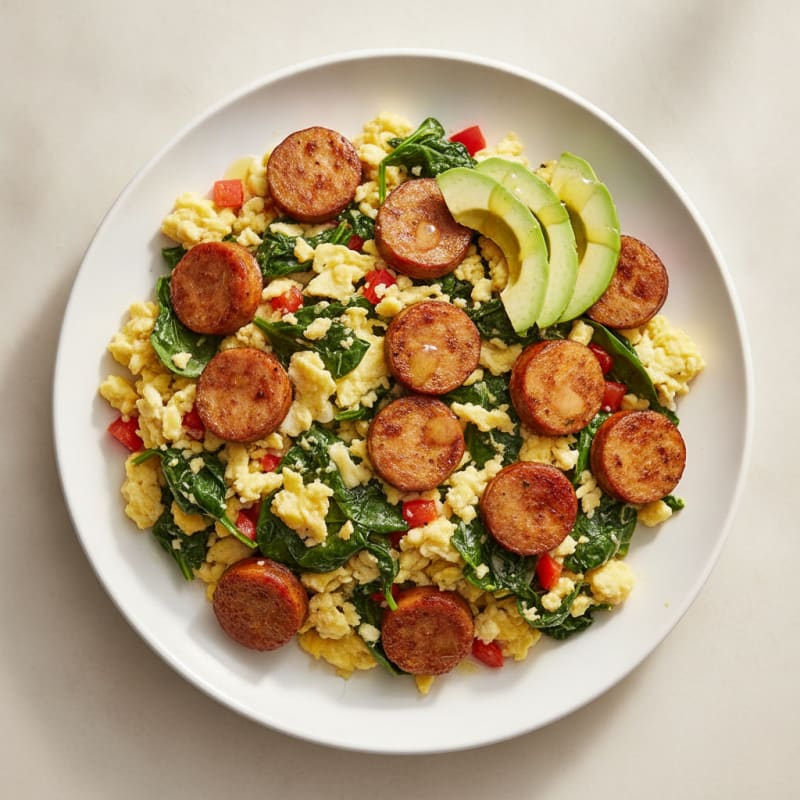 Crispy Chicken Sausage and Spinach Egg Scramble
