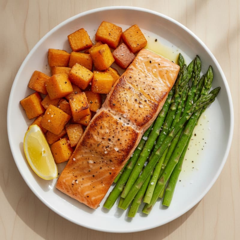 Seared Salmon with Roasted Sweet Potato and Asparagus