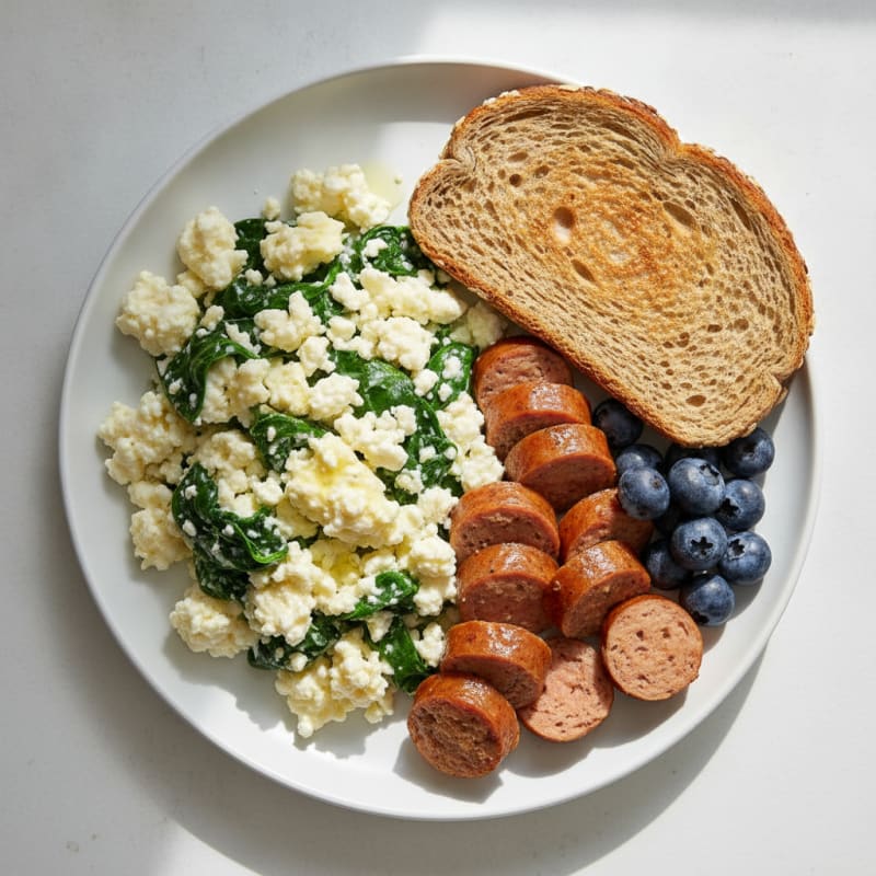 Cottage Cheese Scramble with Turkey Sausage and Spinach