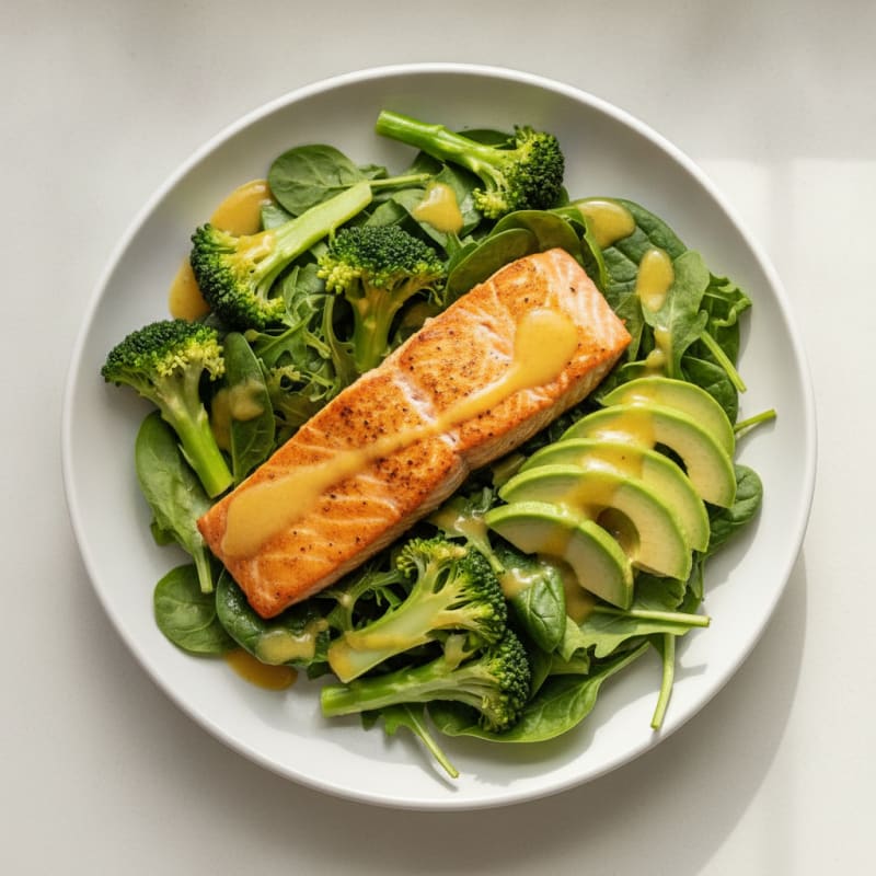 Seared Salmon Salad with Crunchy Broccoli and Avocado