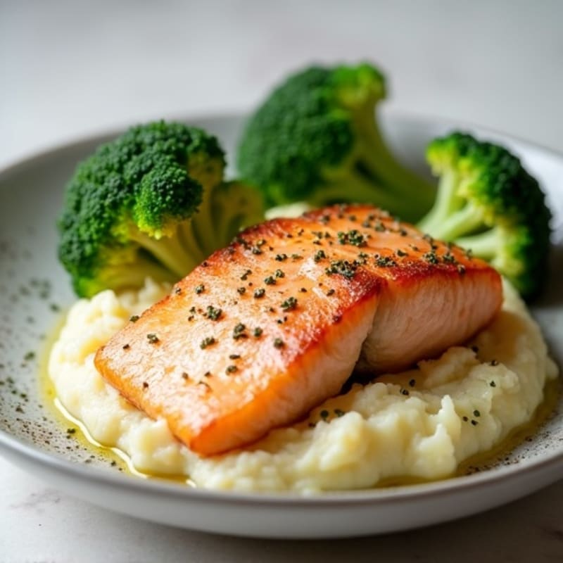 Seared Salmon with Creamy Garlic Mashed Potatoes and Steamed Broccoli