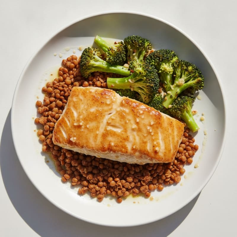 Roasted Miso-Glazed Cod with Garlic Broccoli and Sautéed Lentils