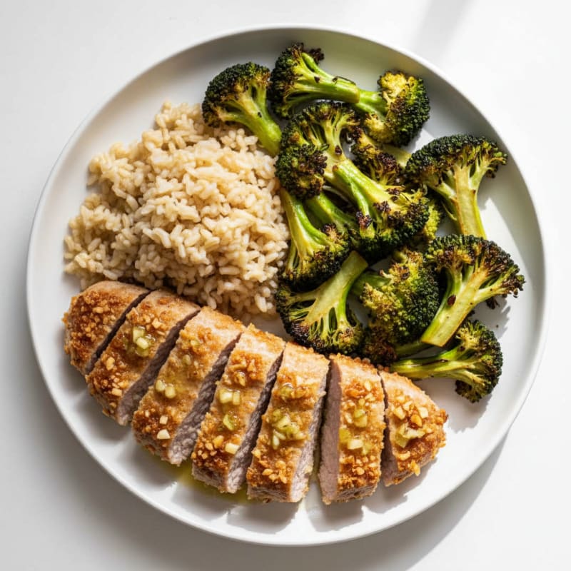 Crispy Pork Tenderloin with Roasted Broccoli and Brown Rice