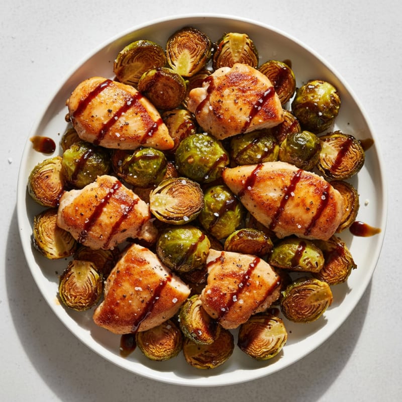Crispy Balsamic-Glazed Brussels Sprouts with Roasted Chicken