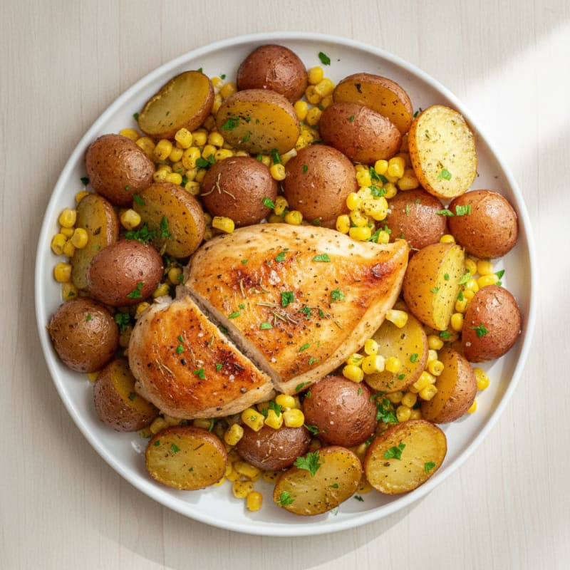Herb-Roasted Chicken with Potatoes and Corn