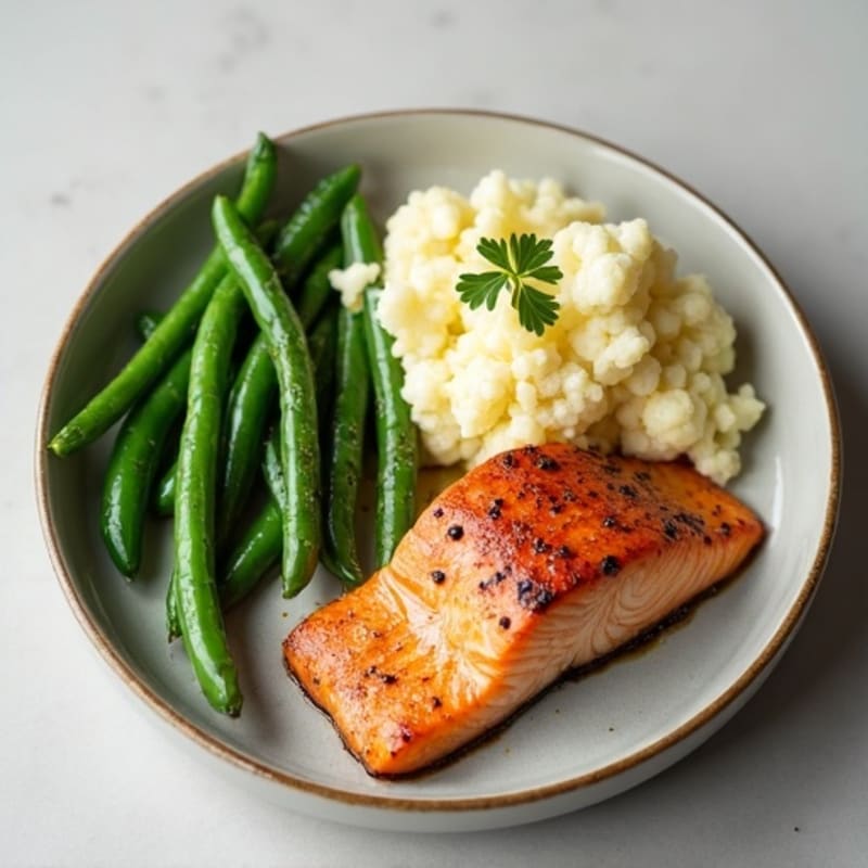 Seared Salmon with Steamed Green Beans and Garlic Mashed Cauliflower