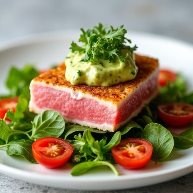 Crispy Seared Ahi Tuna with Fresh Greens and Creamy Wasabi Mayo