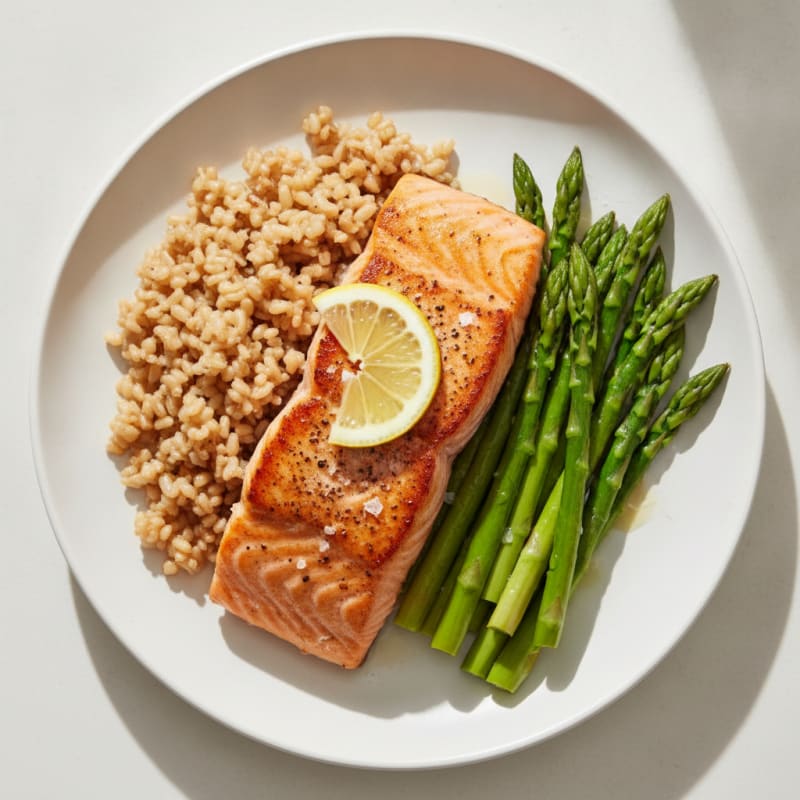 Seared Salmon with Steamed Asparagus and Brown Rice