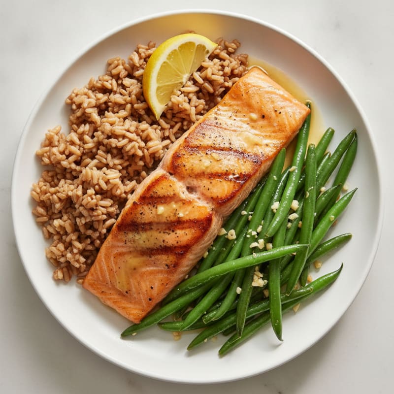 Seared Salmon Fillet with Garlic Green Beans and Brown Rice