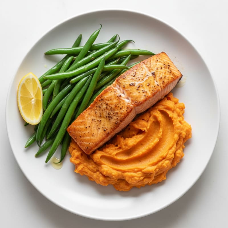 Seared Salmon with Steamed Green Beans and Sweet Potato Mash