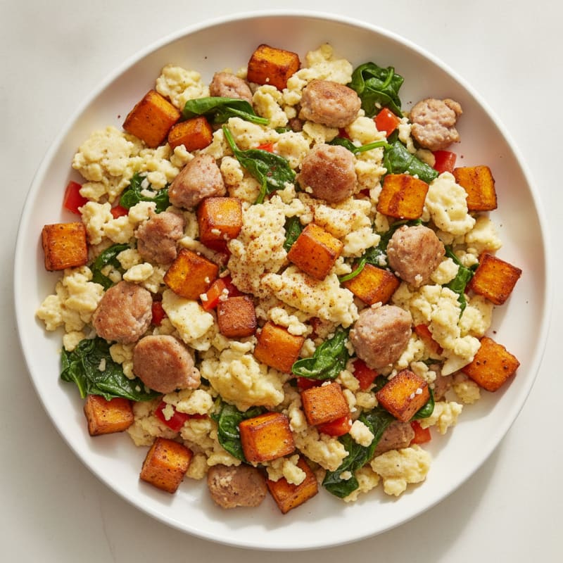 Egg White Scramble with Chicken Sausage and Roasted Sweet Potatoes