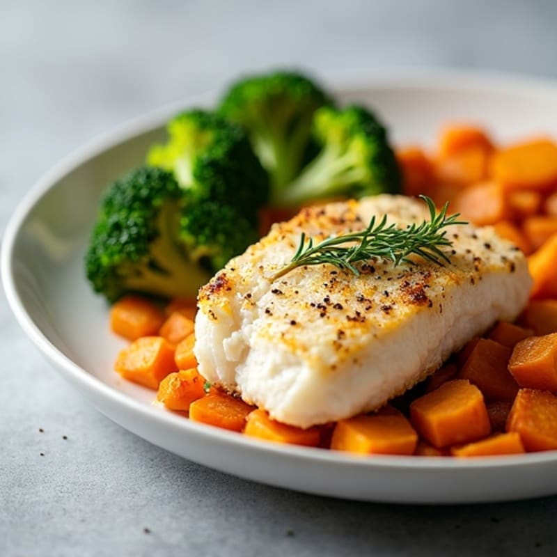 Baked Cod with Roasted Sweet Potato and Steamed Broccoli
