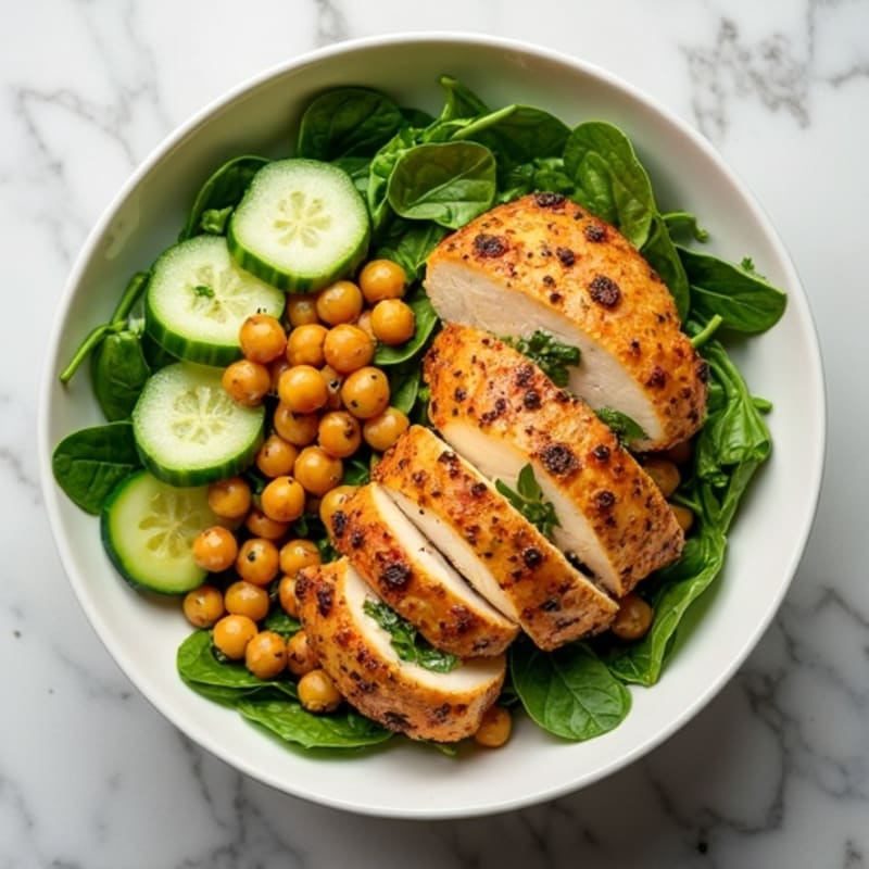 Herb-Roasted Chicken and Crispy Chickpea Salad Bowl with Lemon-Garlic Dressing