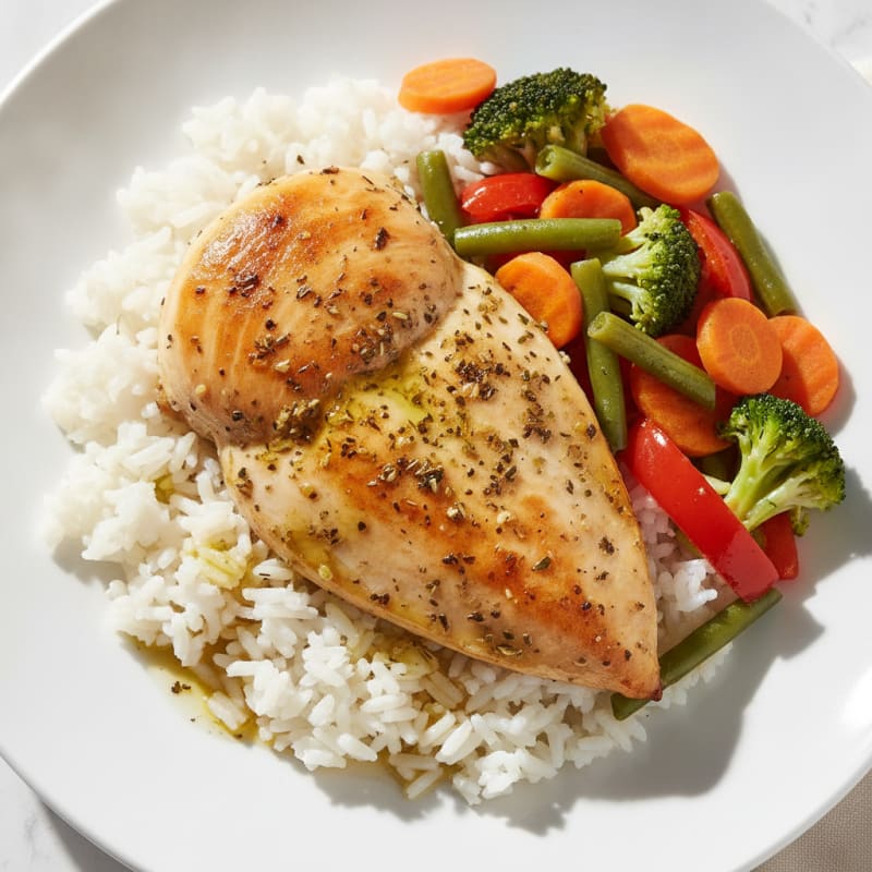 Herb-Baked Chicken Breast with Steamed Rice and Mixed Vegetables