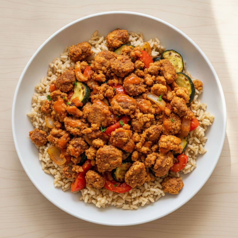 Cajun-Spiced Impossible Crumbles with Rice and Roasted Vegetables