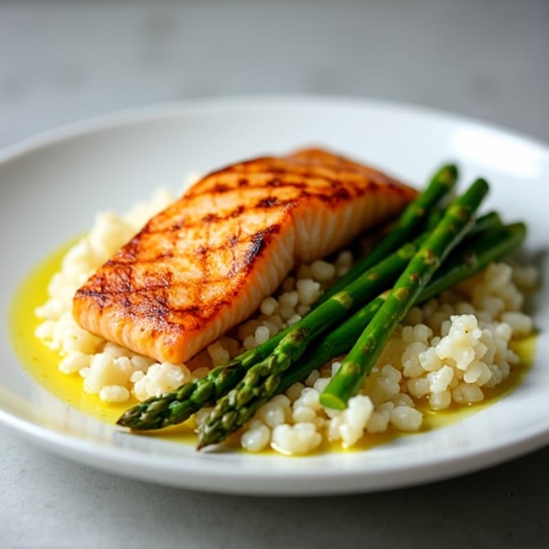 Seared Salmon with Steamed Asparagus and Cauliflower Rice