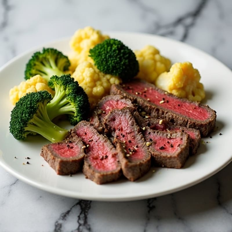 Seared Lean Beef Strips with Roasted Broccoli and Cauliflower