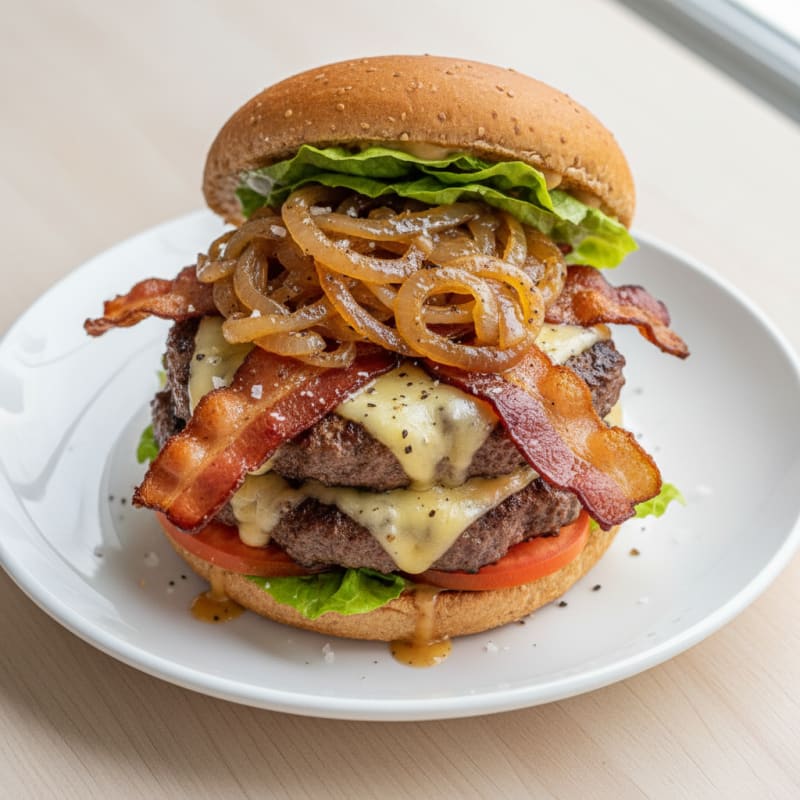 Double Bacon Cheeseburger with Caramelized Onions